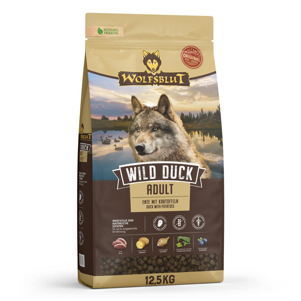 WOLFSBLUT – Wild Duck Adult | Trockenfutter mit natürlichen Zutaten und Superfoods für ausgewachsene Hunde. Getreidefreies Alleinfutter ohne Zusatzstoffe im Beutel | 12,5kg Ente