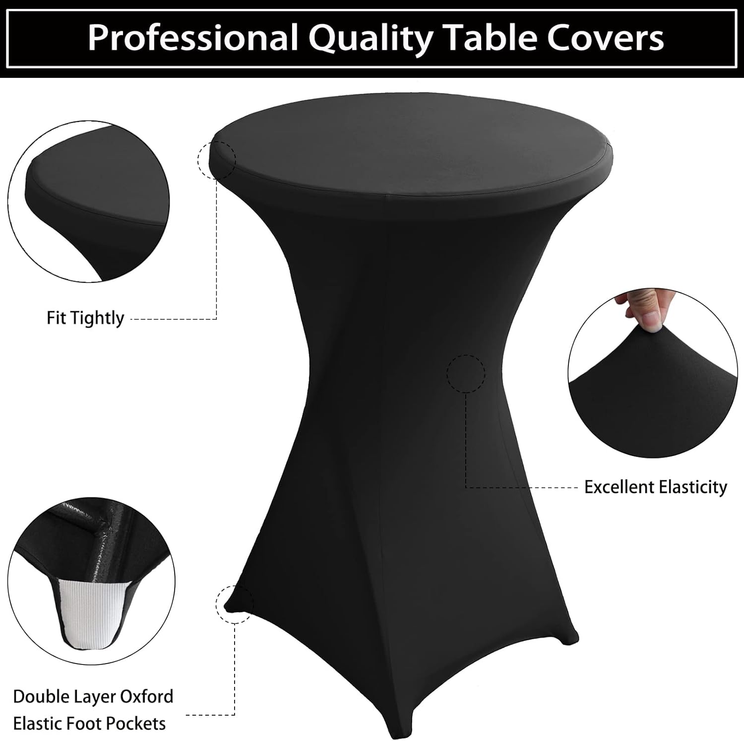 2 Pack 32x43 Inch Black Spandex Cocktail Table Covers, Fitted Round Cocktail Tablecloth, Stretch Highboy Table Cover Cloth for Wedding, Party, Banquet, Event