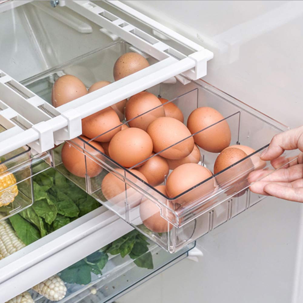 Frigorifero Organizer Bin, Contenitore di stoccaggio Frigorifero Trasparente con 4 scaffali, a Misura pareti divisorie 30-44 cm, Soluzione per la Cucina salvaspazio per la freschezza degli Alimenti e