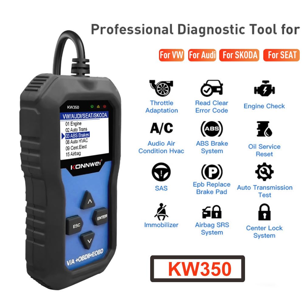 KONNWEI KW350 OBD2 Diagnosegerät fürs Auto, Profi KFZ Scanner für alle Fahrzeugsysteme, Fehlercodes lesen & löschen, OBDII/EOBD, Öl-Reset, EPB, Batterie, Drosselklappe, für VW Audi Skoda Seat