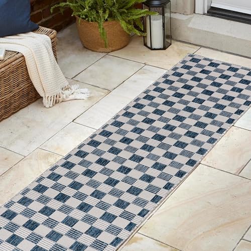 JONATHAN Y Cottage Checkerboard Indoor Outdoor Runner Rug 2X8 Navy/Cream, Aimee Traditional for Backyard, Patio, Porch, Easy-Cleaning, High Traffic, Pet-Friendly, Non-Shedding (TSN204B-28)