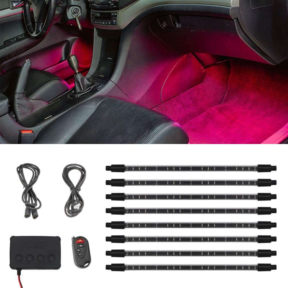 LEDGlow 8pc Pink LED Interior Footwell Underdash Neon Lighting Kit for Cars & Trucks - 14 Patterns - Music Mode - 5 Brightness Levels - Auto Illumination - Universal - Includes Control Box & Remote