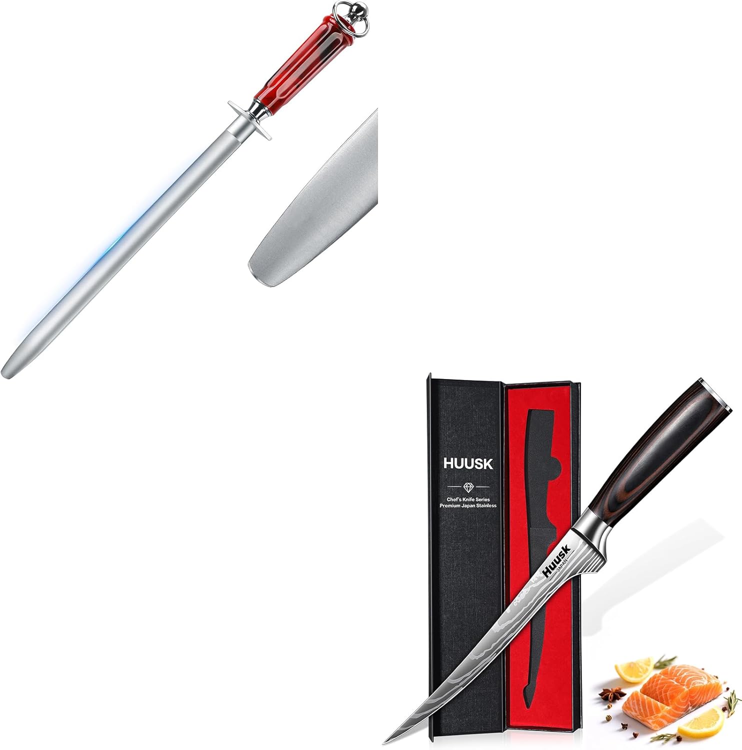 Huusk Filet Knife for Fish - 7 Inch Fish Fillet Knife Bundle with a 10" Knife Sharpener Rod,Flexible Boning Knives for Meat Cutting, Professional Japanese Fishing Knives for Meat Poultry Cutting
