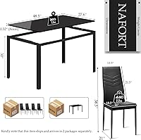 Vista 7 de NAFORT Juego de mesa de comedor para 4, mesa rectangular de vidrio templado de 48.5 pulgadas con 4 sillas de comedor de piel sintética negra, mesas