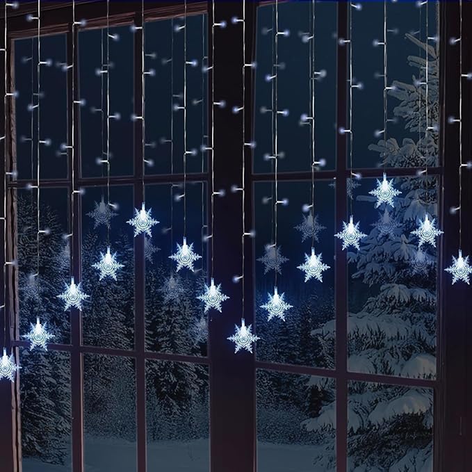 GloBrite 104 LED Curtain Light - Christmas Lights, Fairy Lights, 8 Modes - Xmas Decor, Indoor Window, Bedroom, Party, Wedding, Plug-in LED Curtain, Christmas Decorations (Snowflakes - Cool White)