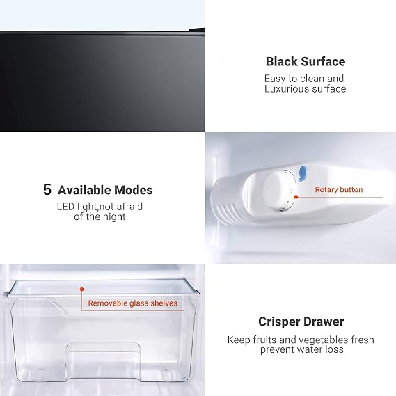 Mini Fridge with Freezer, 3.2 Cu.Ft Mini Refrigerator, 2 Door, 37DB Low Noise, Engery Saving with LED Light, Low-frost Mini Fridge for Bedroom, Office, Dorm, RV, Apartment, Black- MPBFD321
