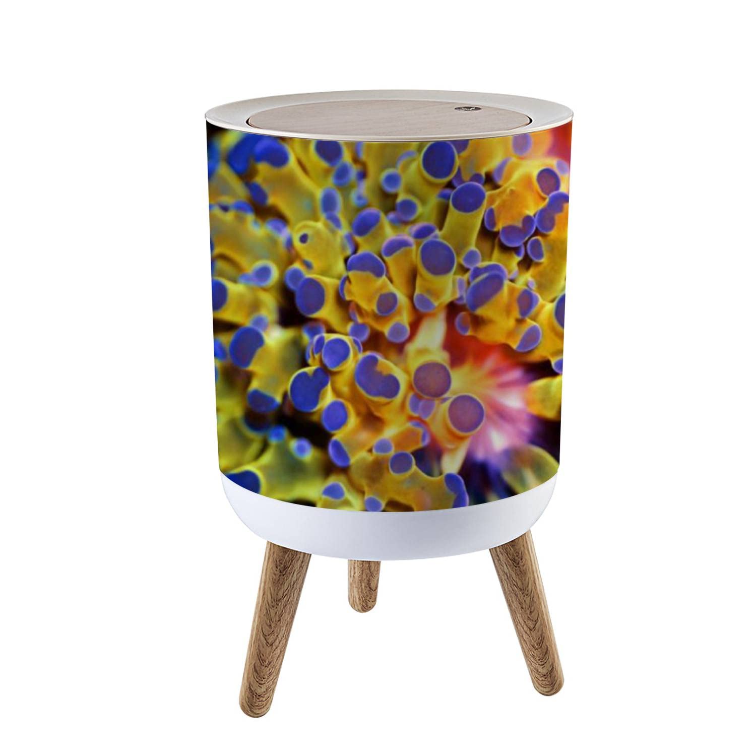 Small Trash Can with Lid Very Rare Golden Euphyllia divisa Wood Legs Press Cover Garbage Bin Round Waste Bin Wastebasket for Kitchen Bathroom Office 7L/1.8 Gallon
