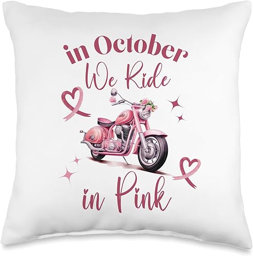 in October We Ride in Pink Motorcycle Woman Breast Cancer - Almohada de 16 x 16 pulgadas, multicolor