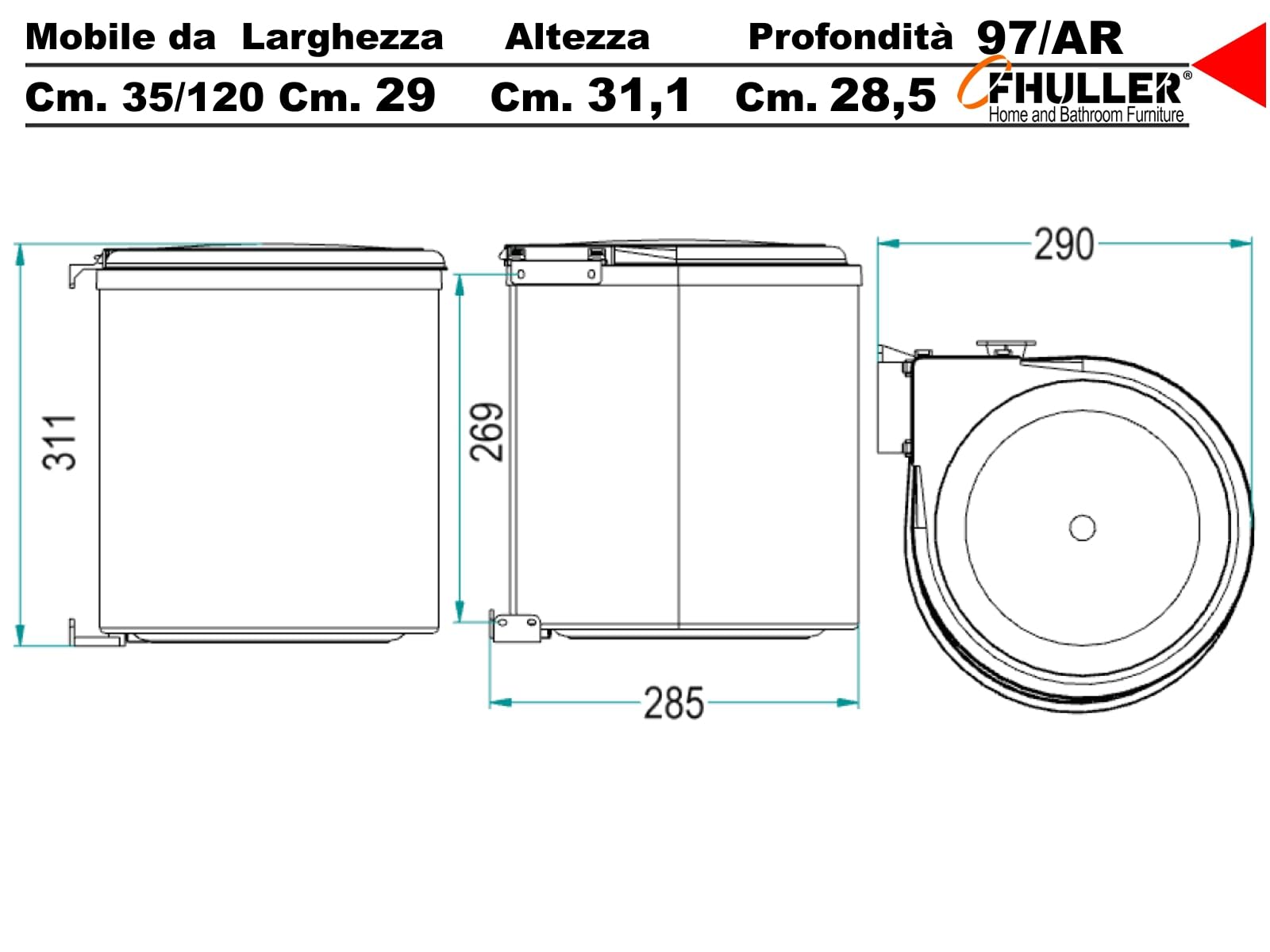 Pattumiera Incasso Rotonda in Plastica Atossica Apertura Con Anta Secchio 12 Litri Ø28,5 cm per Base o Sottolavello Cucina minimo 35 cm -Raccolta Differenziata, Colore Ardesia "ECONOMICA" 1
