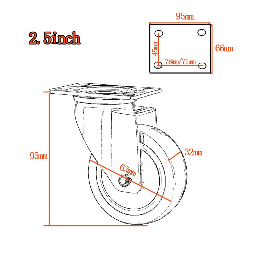 2.5 '' Ruote per mobili e culla piatto ruote piroettanti con freno silenzioso PU Heavy duty 300kg Rotelle industriali per carrello banco di lavoro ospedale fabbrica 4 pezzi