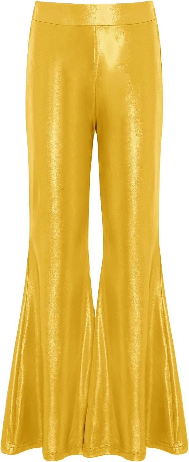Kids Girls Metallic Sequin Tassel Bell Bottoms Latin Jazz Dance Pants Shiny Fringe Trousers Flare Pants