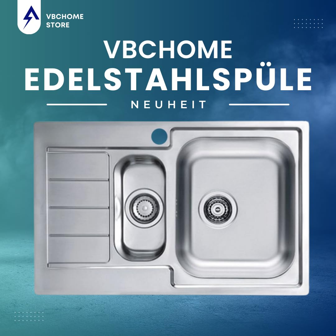 VBChome Edelstahlspüle 79x50 cm Leinenstruktur Einbauspüle Spülbecken mit Hahnloch Abtropffläche Links Camping 1,5 Becken Ablaufgarnitur
