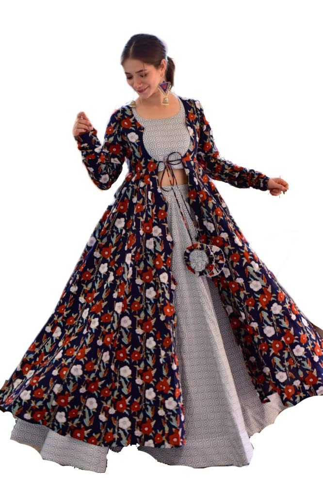 Women's Rayon Round Neck Crop Top with Skirt and Full Sleeves Printed Outer(Grey-Black)-picture-20