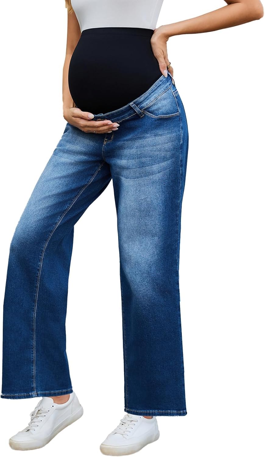 Ecavus Women's Maternity Jeans Over Belly Wide Leg Comfy Stretch Denim Pants with Pockets, XS-XXL