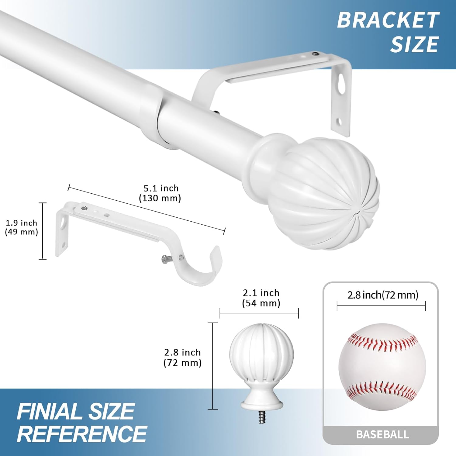 Urbanest 1-inch Diameter Fluted Ball Adjustable Single Drapery Curtain Rod, 48-inch to 84-inch, Glossy White
