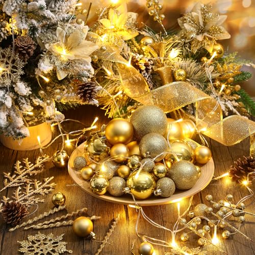 Canlierr 145Pcs Gold Christmas Tree Decoration Set with Light String Assorted Shatterproof Christmas Ball Ornaments Glitter Poinsettia Snowflakes Berries Stems Decoration for Xmas Tree Holiday by Canlierr - Image 4