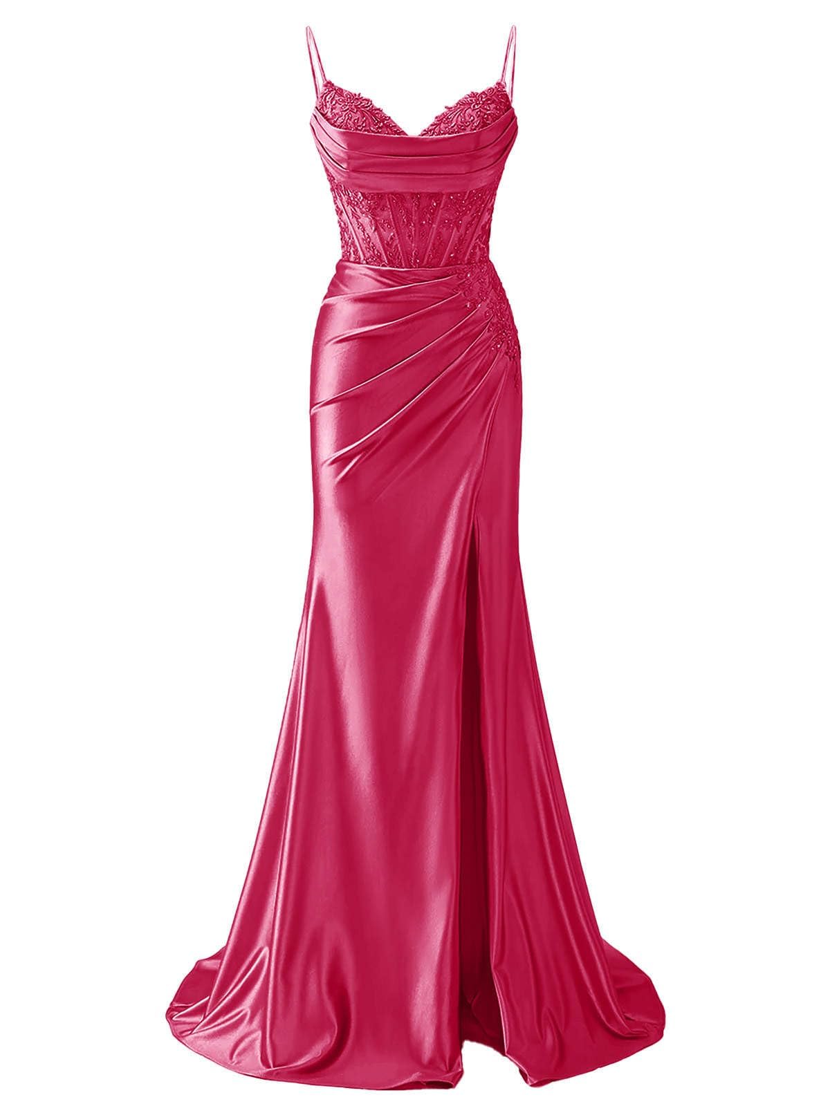 HPPEE Hot Pink Prom Dresses for Women with Slit Lace Applique Satin Formal Party Gown V Neck Corset Evening Dress UK20
