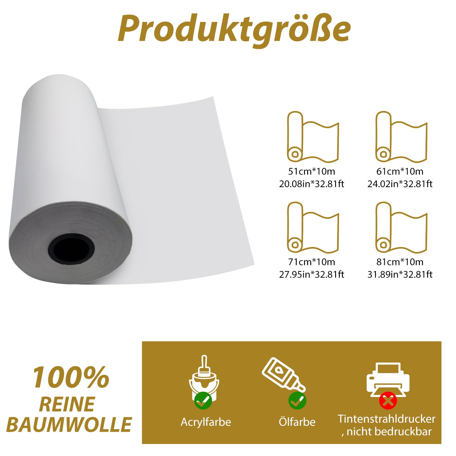 Tela su rotolo, 50 cm x 10 m, 100% cotone, 270 g/m², pronta da dipingere, preprimerizzata, tessuto su tela al metro, resistente agli strappi, per pittura acrilica e ad olio (51 cm x 10 m)