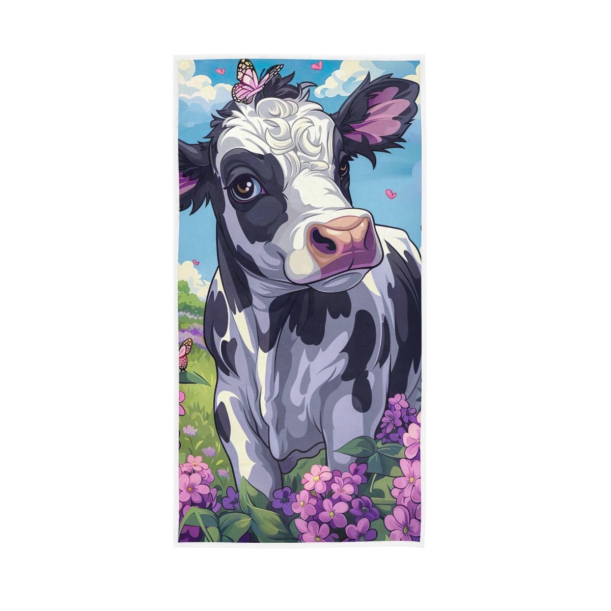 HUYGD Cow with Purple Floral Hand Towel, Multipurpose Spa Towels for Hand, Face, Hair, Bath 15 x 30 Inches