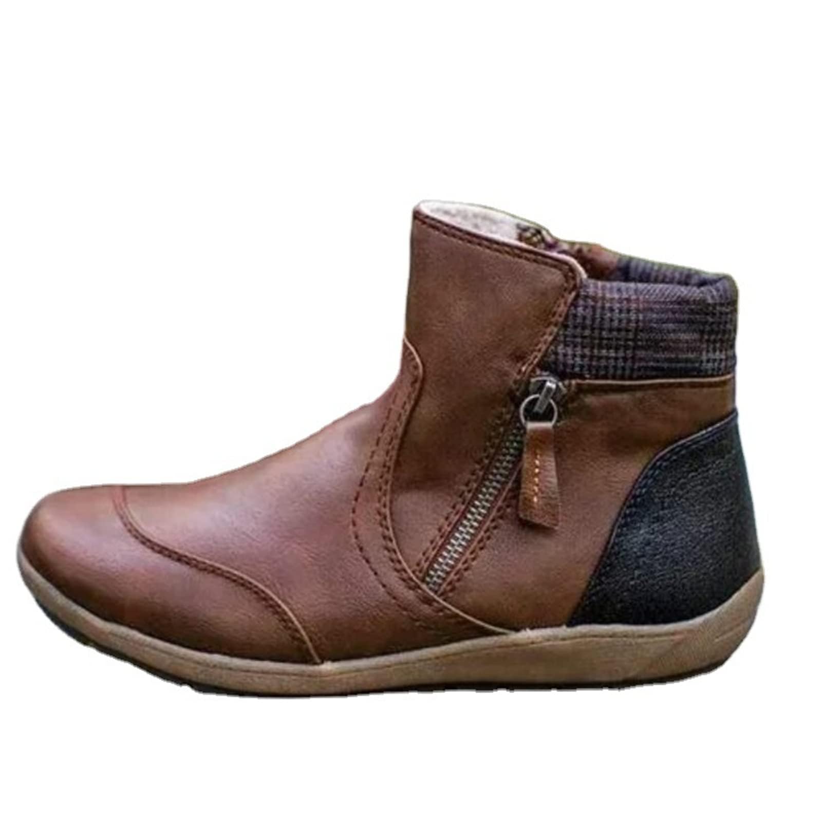 Womens Leather Winter Snow Boots Side Zipper Patchwork Waterproof Snow Boots Vintage Anti Slip Round Toe Casual Booties