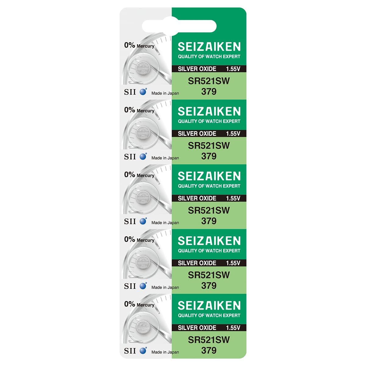 5X Knopfzellen Original SEIZAIKEN 379, SR521SW, 1.55 V, Uhrenbatterien Akku Silberoxid, 0% Quecksilber, 100% Made in Japan
