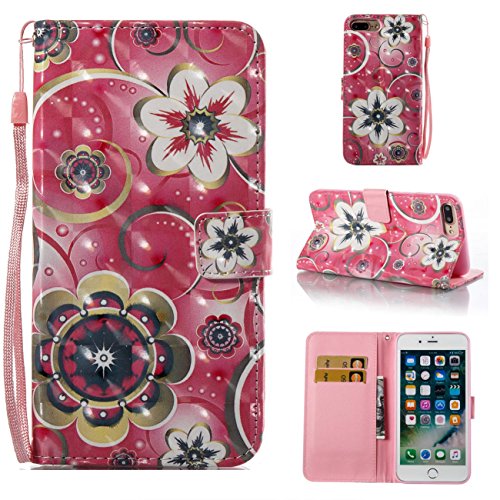 iPhone 7 Plus Case,iPhone 8 Plus Case,Magnetic PU Leather Shock Proof Wallet Case Lightweight Kickstand Flip Folio Case Card Holder with Strap Birthday Xmas Halloween for Apple iPhone 7 Plus-Flowers