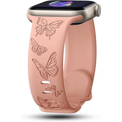 Butterfly Engraved Bands Compatible with Apple Watch Band 41mm 40mm 38mm 49mm 45mm 44mm 42mm Women, Silicone Butterflies Embossed Strap for iWatch Bands Series SE 9 8 7 6 5 4 3 2 1