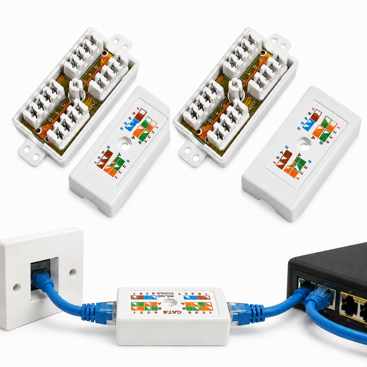 2Pcs RJ45 Cat6 Junction Box, Punch Down Ethernet Cable Connector with Flame Retardant Housing, High Speed LAN/Powerline Network Cables Connector Cat5e Cat6 Cable Extension T568A T568B Wiring