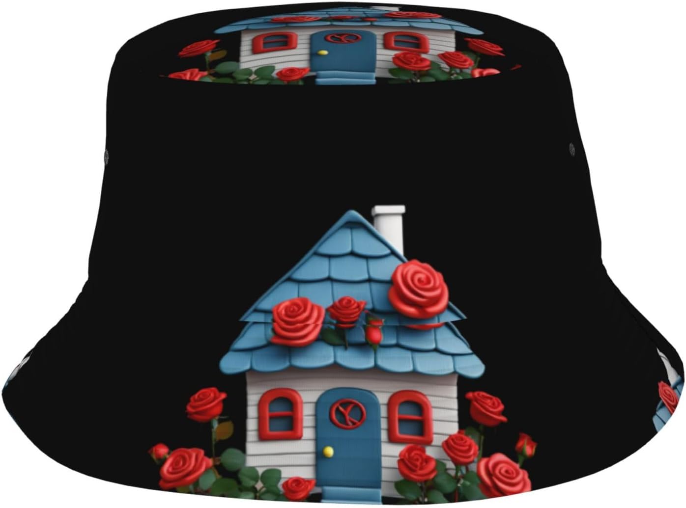 A Small House Covered with Roses Prints Summer Outdoor Travel Bucket hat, a Beach Sun hat Suitable for Both Men and Women