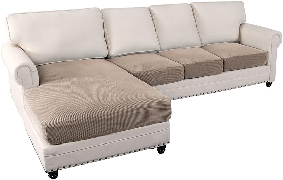 cjc Couch Cover for Sectional Sofa L Shape 3 Piece Covers, Jacquard Stretch Cushion Couch Chaise Cover for Living Room Sofa Slipcovers L Shape Furniture Cover Khaki, 4 Piece Covers