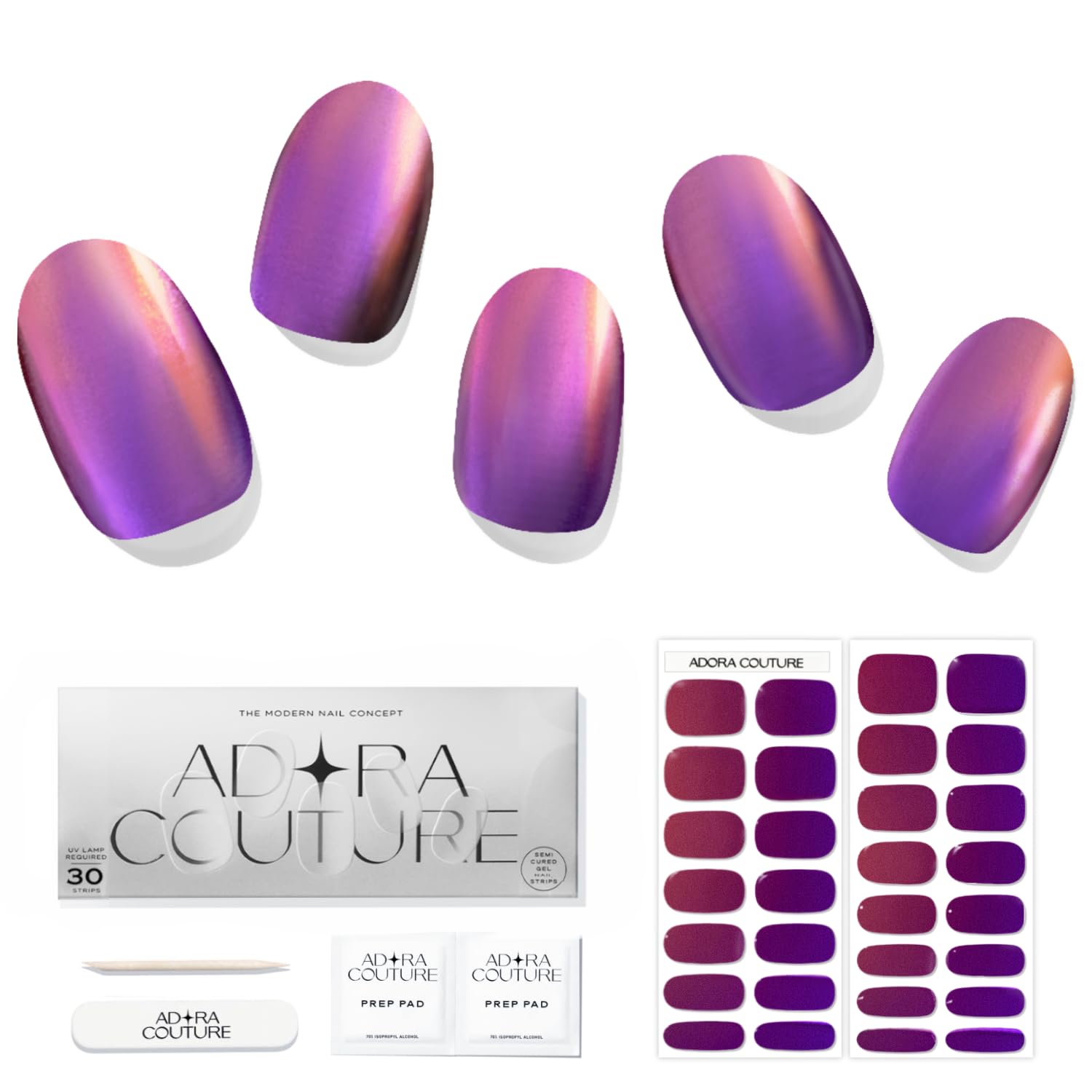 Adora Couture Semi Cured Gel Nail Strips with 30 Pieces - Salon Quality Manicure Kit for Women Easy Application Wraps Includes Prep Pads Nail File
