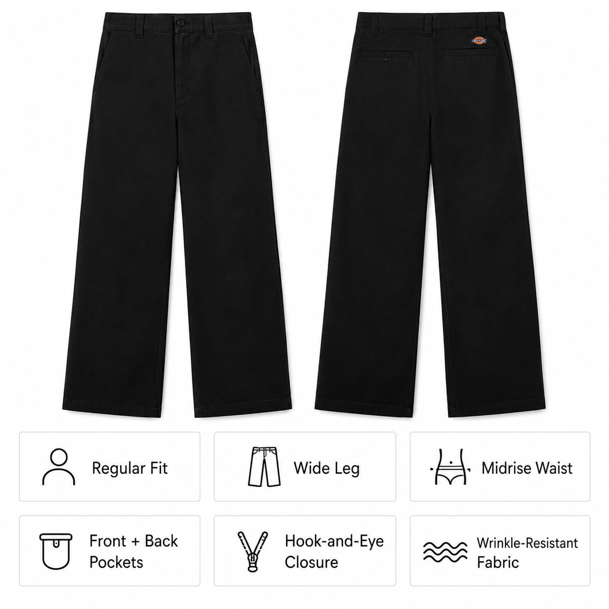Dickies Pantaloni da lavoro da donna a gamba larga, vita media, vestibilità regolare, con tasche, per ufficio, uniformi, uso casual, nero, 50