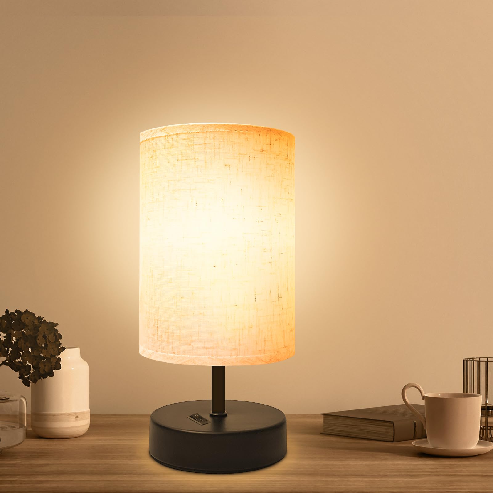 DEGNJU Small Bedside Lamp, Mini Minimalist Table Lamp with Round Flaxen Fabric Shade, 9 Inch Desk Reading Lamp for Bedroom, Living Room, Office, 1 Pack