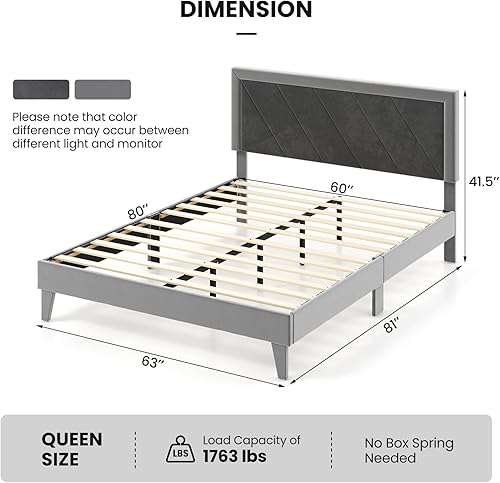 Miniatura 2 de Giantex Base de cama de terciopelo tamaño Queen con cabecero, moderna plataforma tapizada, base de colchón con 12 listones de madera fuertes, no