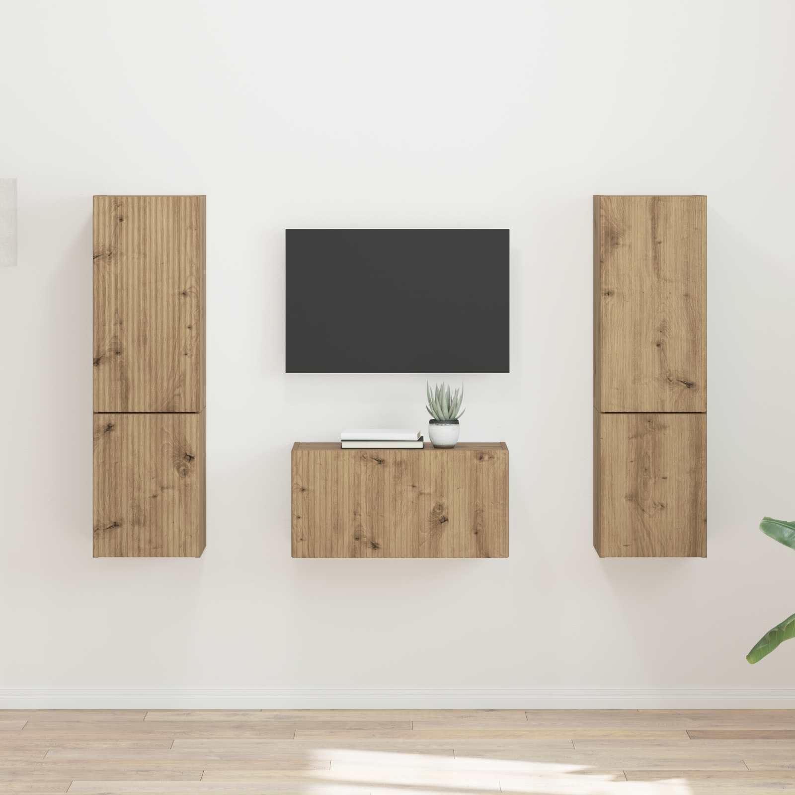 5-częściowy zestaw szafek pod telewizor z drewna dębowego Artisan, z regałami ściennymi i zarządzaniem kablami, na stolik pod telewizor, HiFi, kina domowego, miejsce do przechowywania w