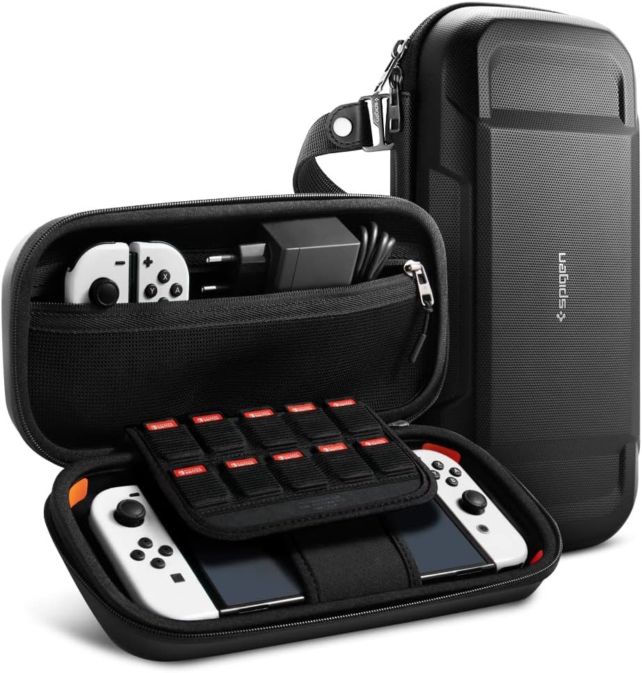 Spigen Rugged Armor Pro for Nintendo Switch / Nintendo Switch OLED (2021) Hard Shell Travel Carrying Case with Pockets for Accessories and Original Charger - Matte Black