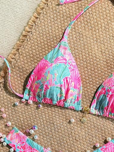 Women's Floral Plants Print Bathing Suit High Waisted Halter Boho Swimsuit Bikini Set3