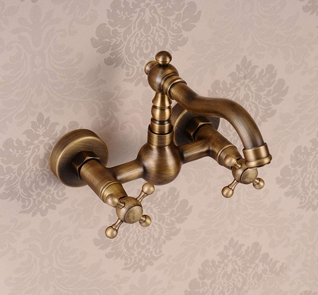 Rubinetto per lavello da Cucina, Miscelatore a Doppia Leva con beccuccio Girevole, con Struttura in Ottone Massiccio, Rubinetto Moderno da Incasso a Parete.