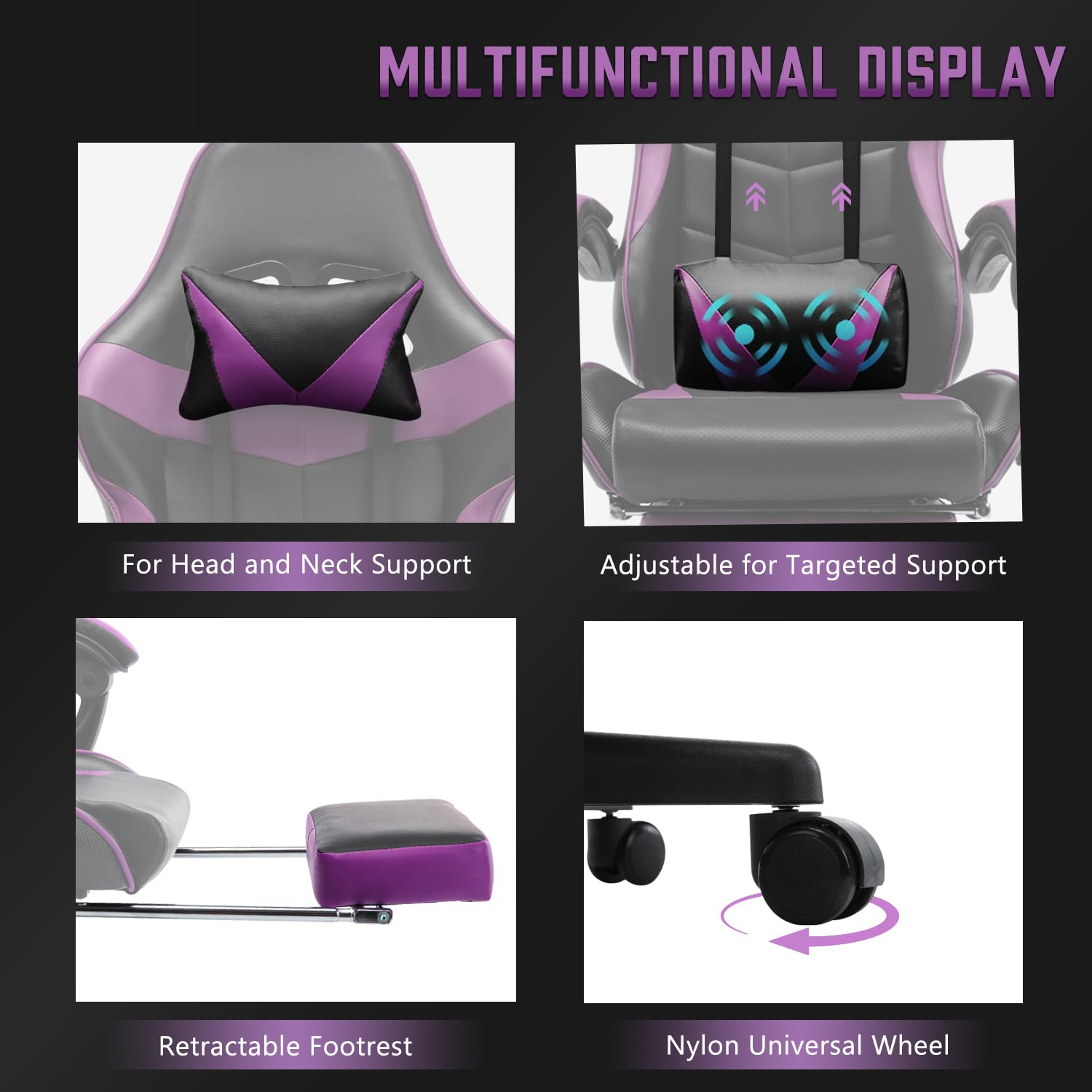 Huracan Gaming-Stuhl Ergonomisch, Gaming Chair PC Stuhl mit Massagefunktion, Atmungsaktiv PU-Leder, Höhenverstellbar Gamer Stuhl, verstellbare Armlehnen, Kopf- und Lendenstütze für Gamer, Lila