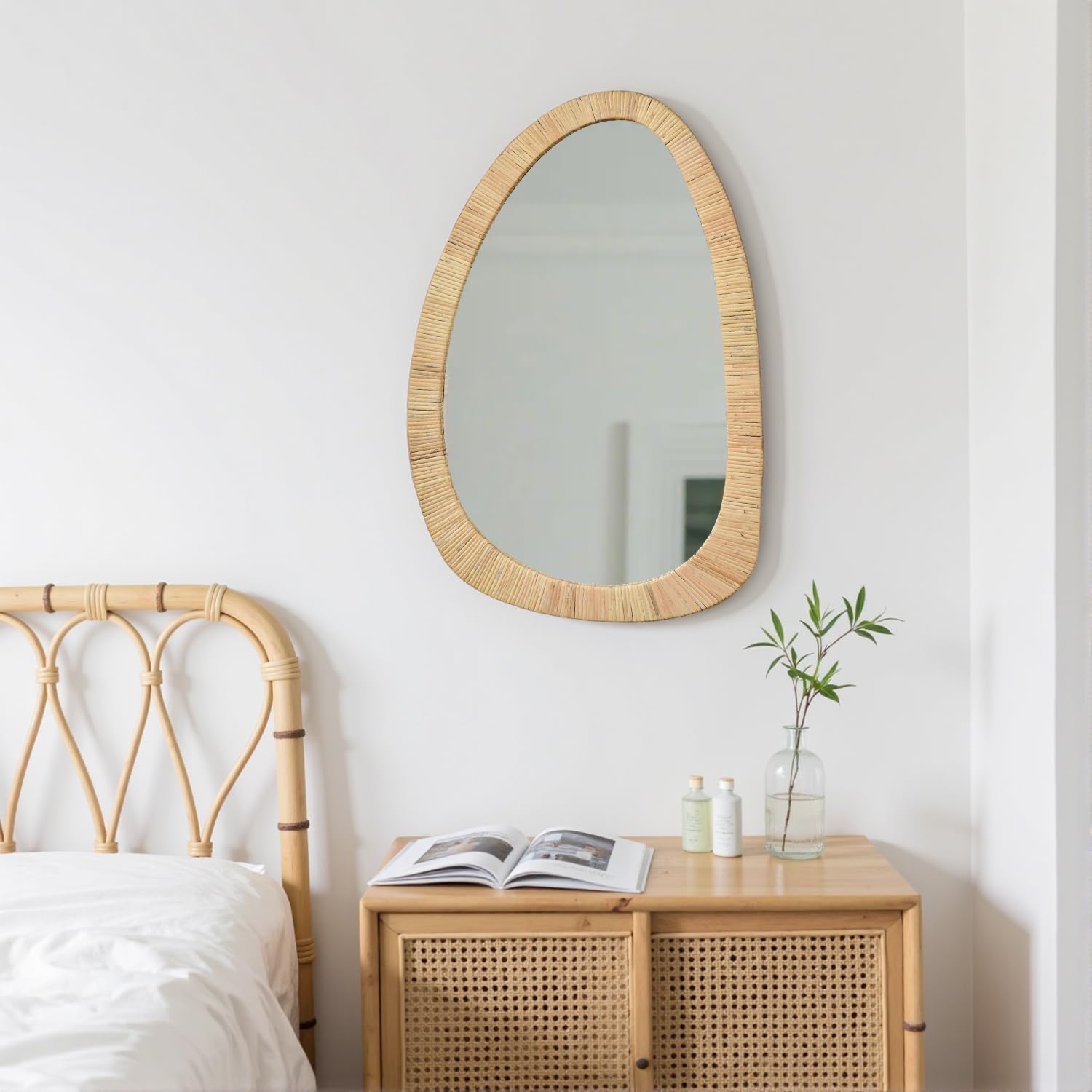 sawsile Rattan Mirror,30x20 Irregular Boho Bathroom Rattan Farmhouse Wicker Asymmetrical Wood Wall Mirror for Nursery,Bathroom,Living Room,Washroom