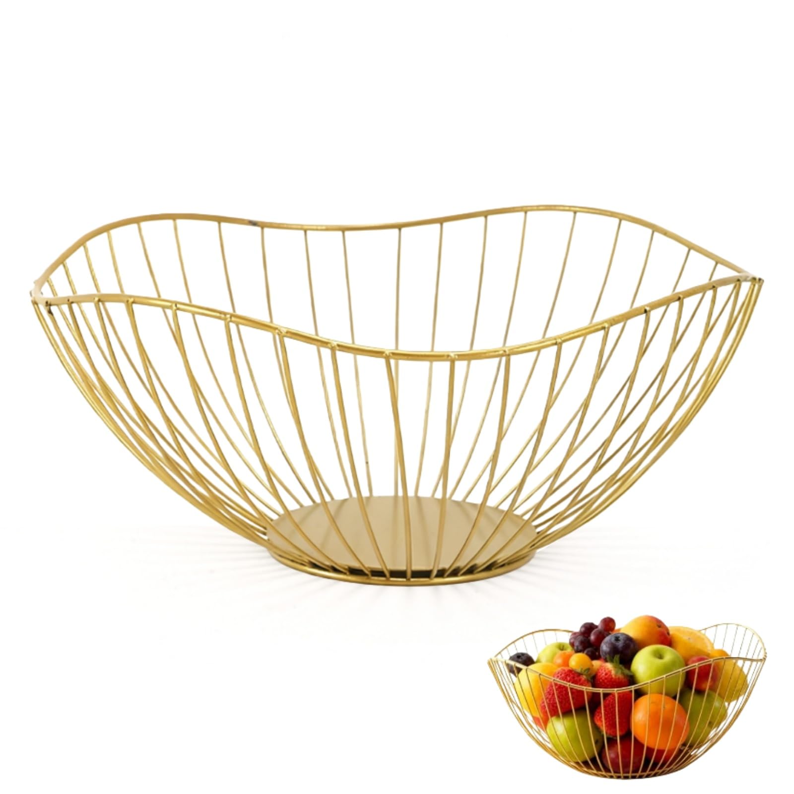 Siocok Gold Wire Fruit Basket Fruit Bowl, Iron Arts Fruit Storage Baskets for Kitchen Counter, for Home Decor, Table Centerpiece Decorative Hold Vegetables, Bread, Snacks, Potpourris