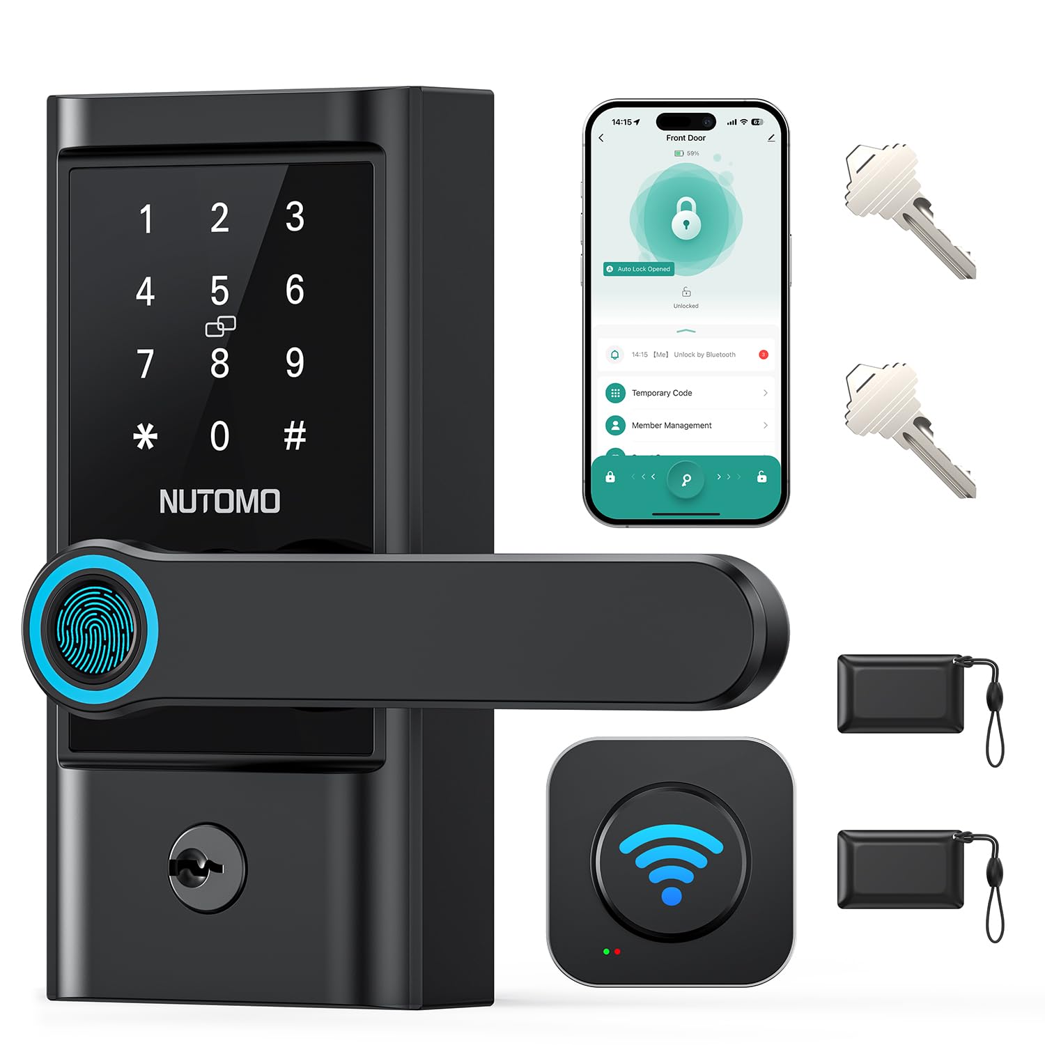 WiFi keypad Door Lock with Handle: NUTOMO keyless Entry doorlock deadbolt with Handle Set,Fingerprint Smart Lock for Front Door,Smart Electronic Deadbolt with Alexa/Bluetooth/App Control Black