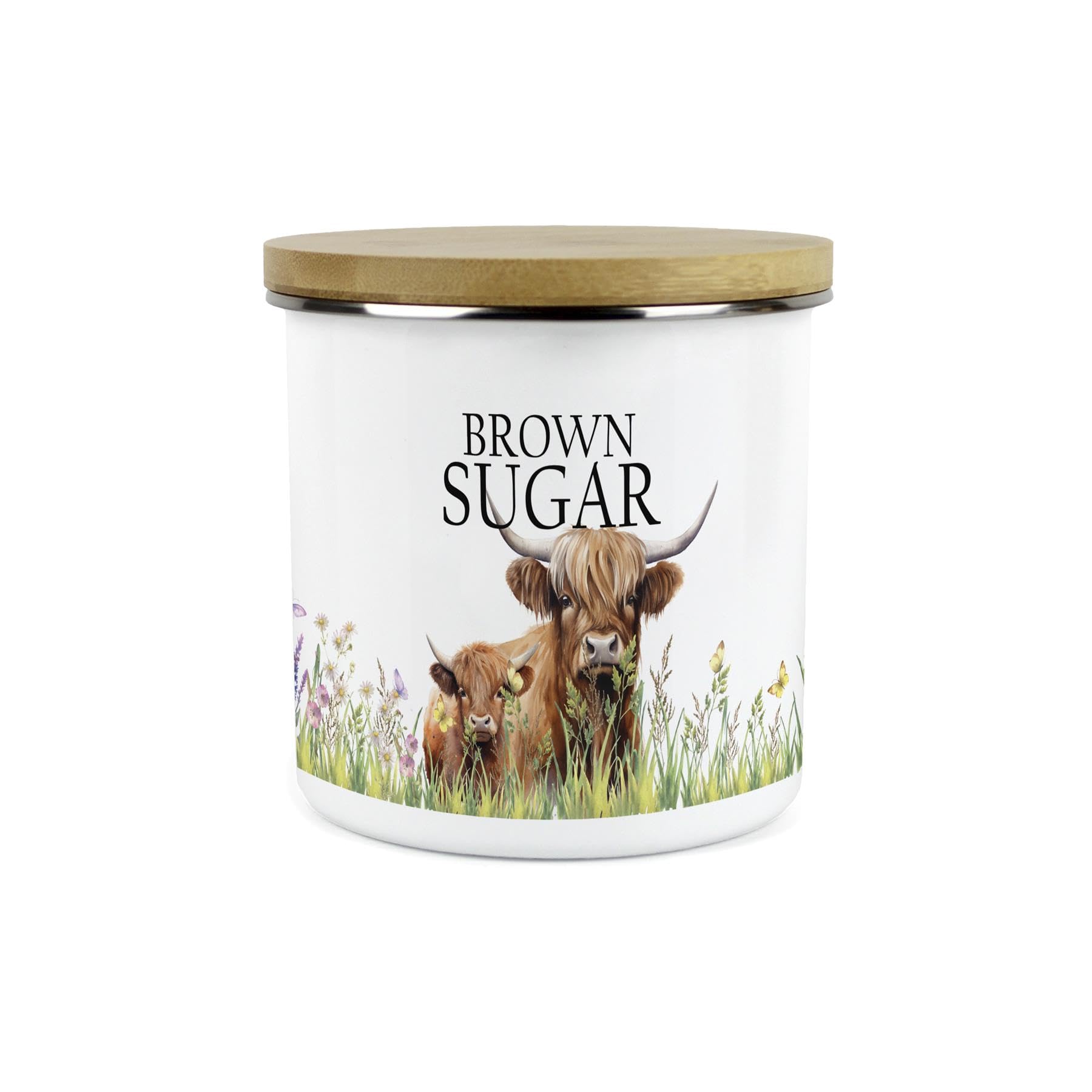 Purely Home Highland Cow & Calf Brown Sugar Storage Canister - Countryside Farm 1.2L Large Metal Enamel Kitchen Storage Container — image 1