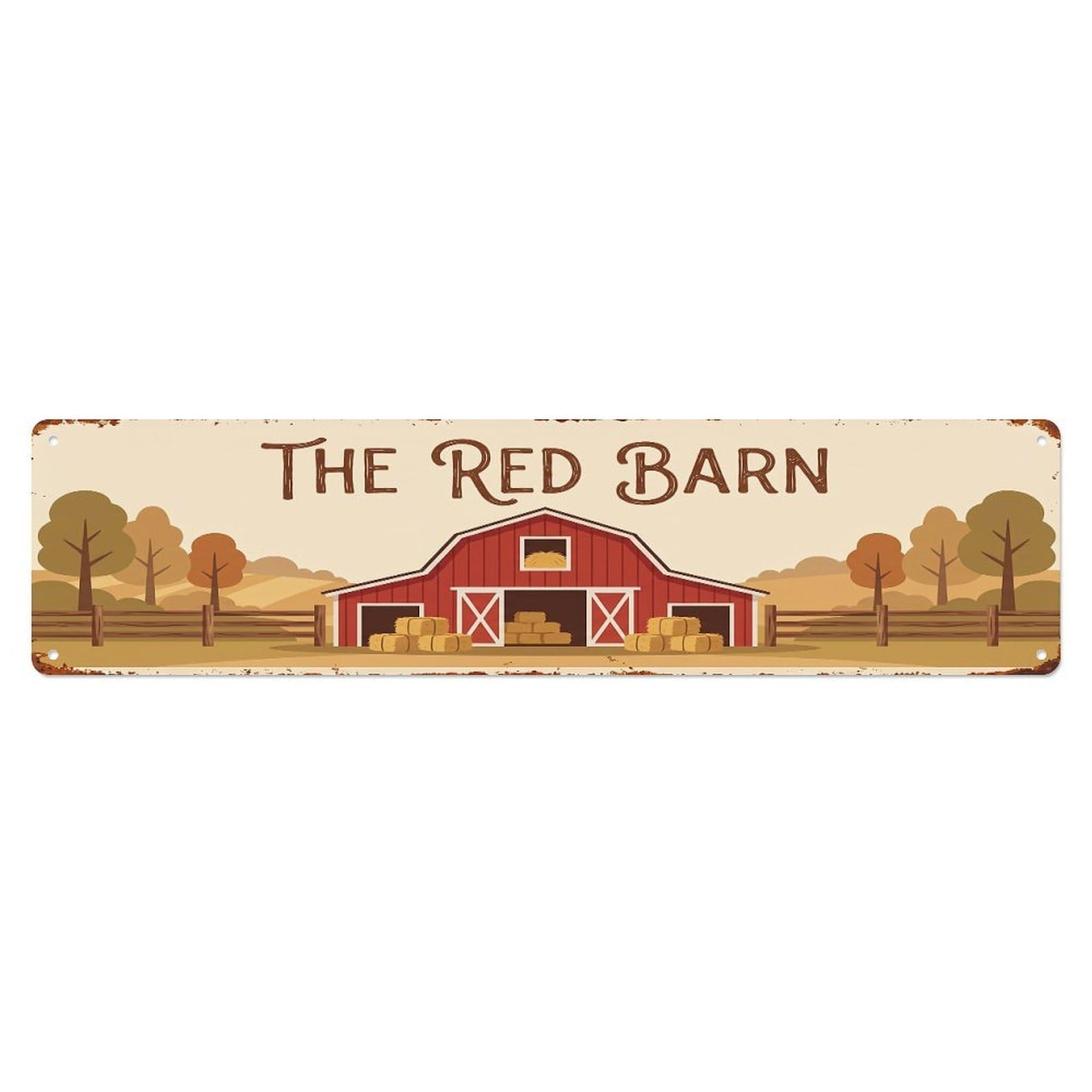 Vintage Barn Farm Scene THE RED BARN Metal Tin Sign