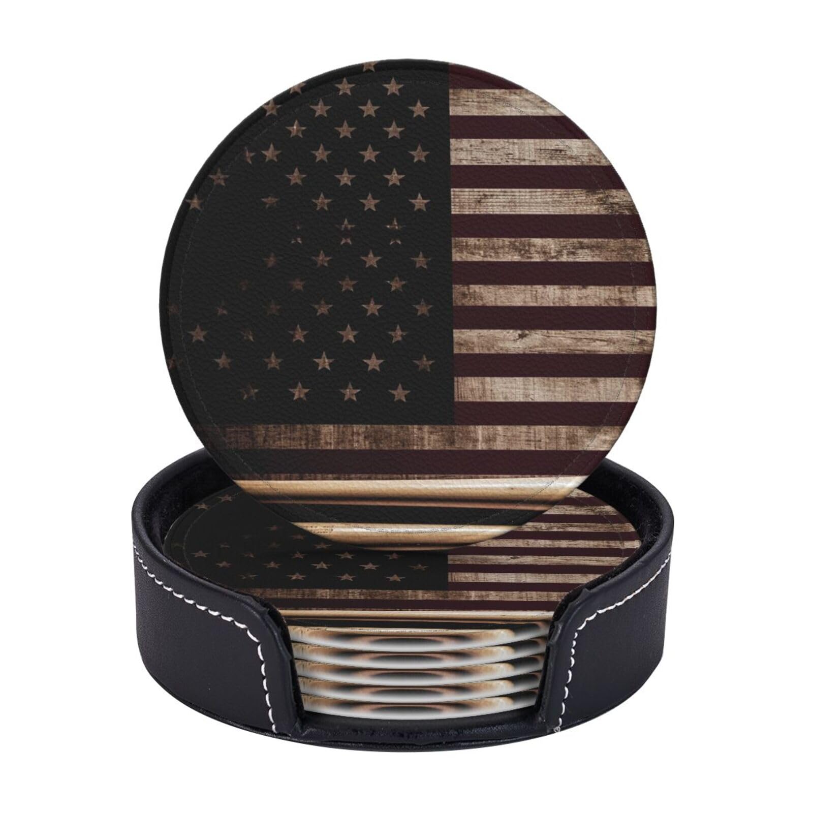 6PCS Drink Coasters with Holder, 4" Leather Coasters for Drinks, American Flag and Baseball bat Cup Coasters for Coffee Table Decor, Non-Slip Drinking Cup Mat for Hot or Cold Drink