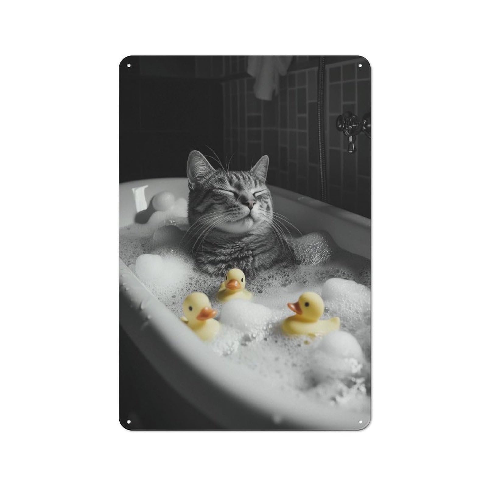 Junmoney Style-15 Tin Wall Plaque 30X20cm With Cat In Bathtub With Rubber Ducks Funny Bathroom Poster For Bar Or Restaurant, For Hospitality Decor Collectors