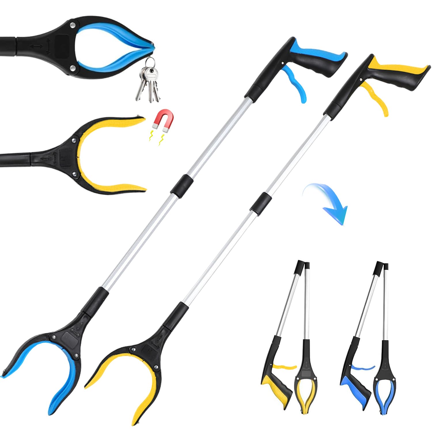 HBSFBH 2 Stück Greifzange für Senioren mit Magnet, Faltbare Greifer für Senioren, Faltbare Greifzange mit Magnet, Aluminium Müllzange, 360° Drehbar Müllzange Greifzange, Greifer für Senioren