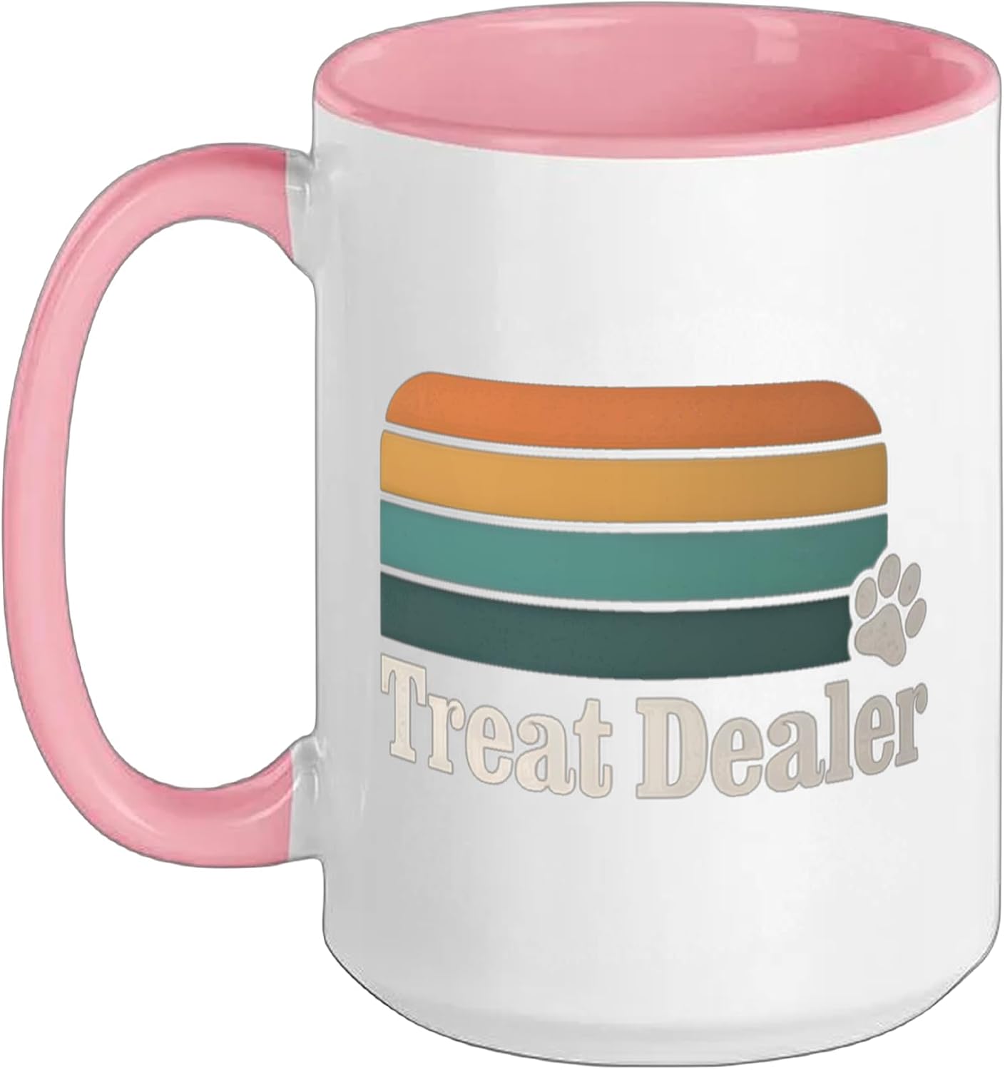 Treat Dealer | Funny Dog Lover Dog Mom Dad Ceramic Mug, Pink/White, 15oz