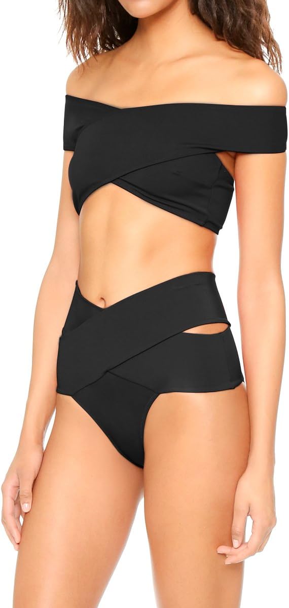 RoxZoom Women's 2pcs Criss Cross Bikini Tops Swimwear Set Triangle Briefs Swimsuit, Black Size S