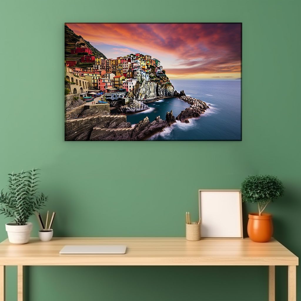 Canvas for Living room. Manarola's Sunset Splendor: A Hillside Symphony of Colors, 27 x 18 inch Canvas Wall Art - Contemporary Masterpieces - Modern Home Decor